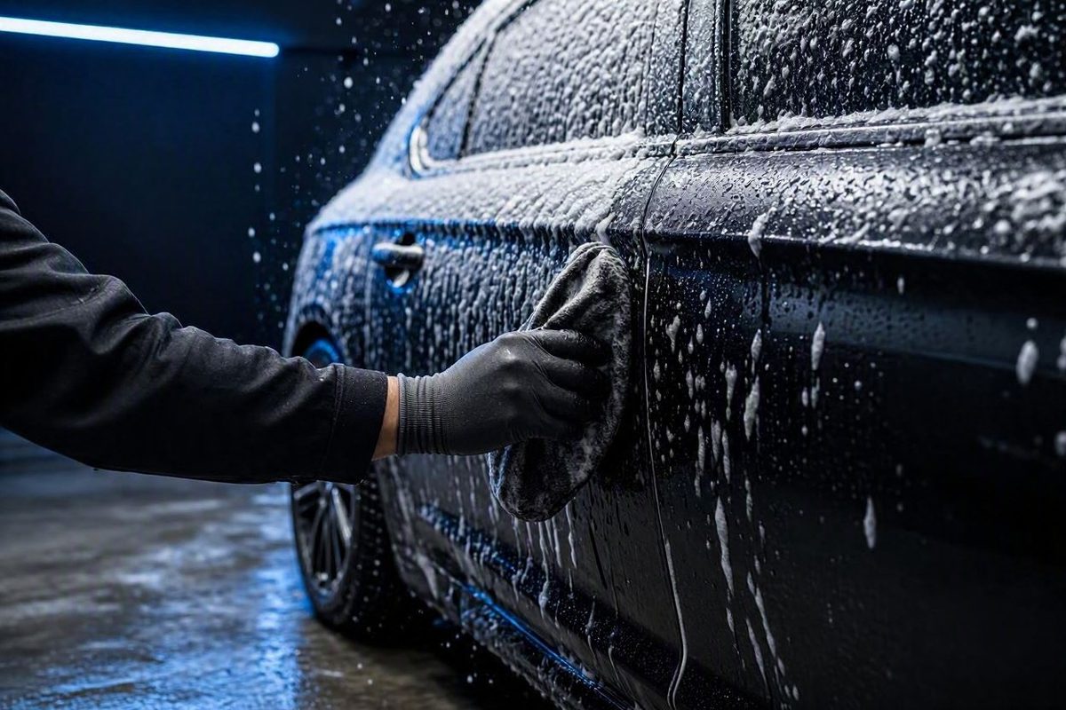 Gloved hand washing a black sedan covered in snow foam