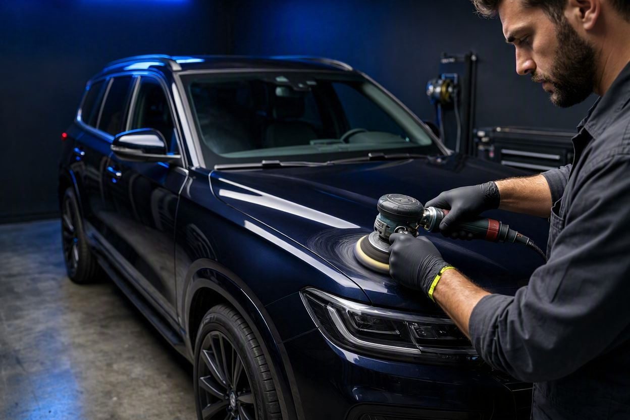 Detailer polishing the paint of a dark SUV in a dimly lit bay