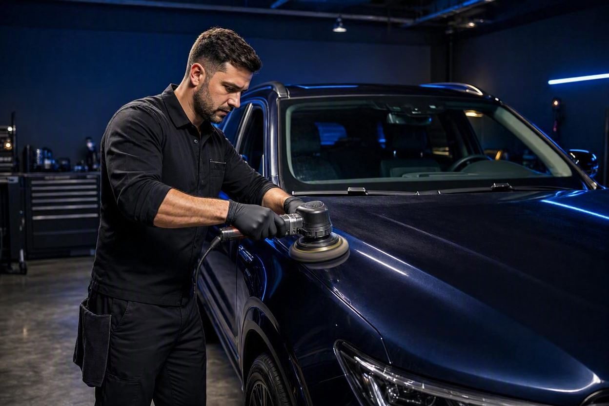 Close view of a polisher working on dark blue automotive paint