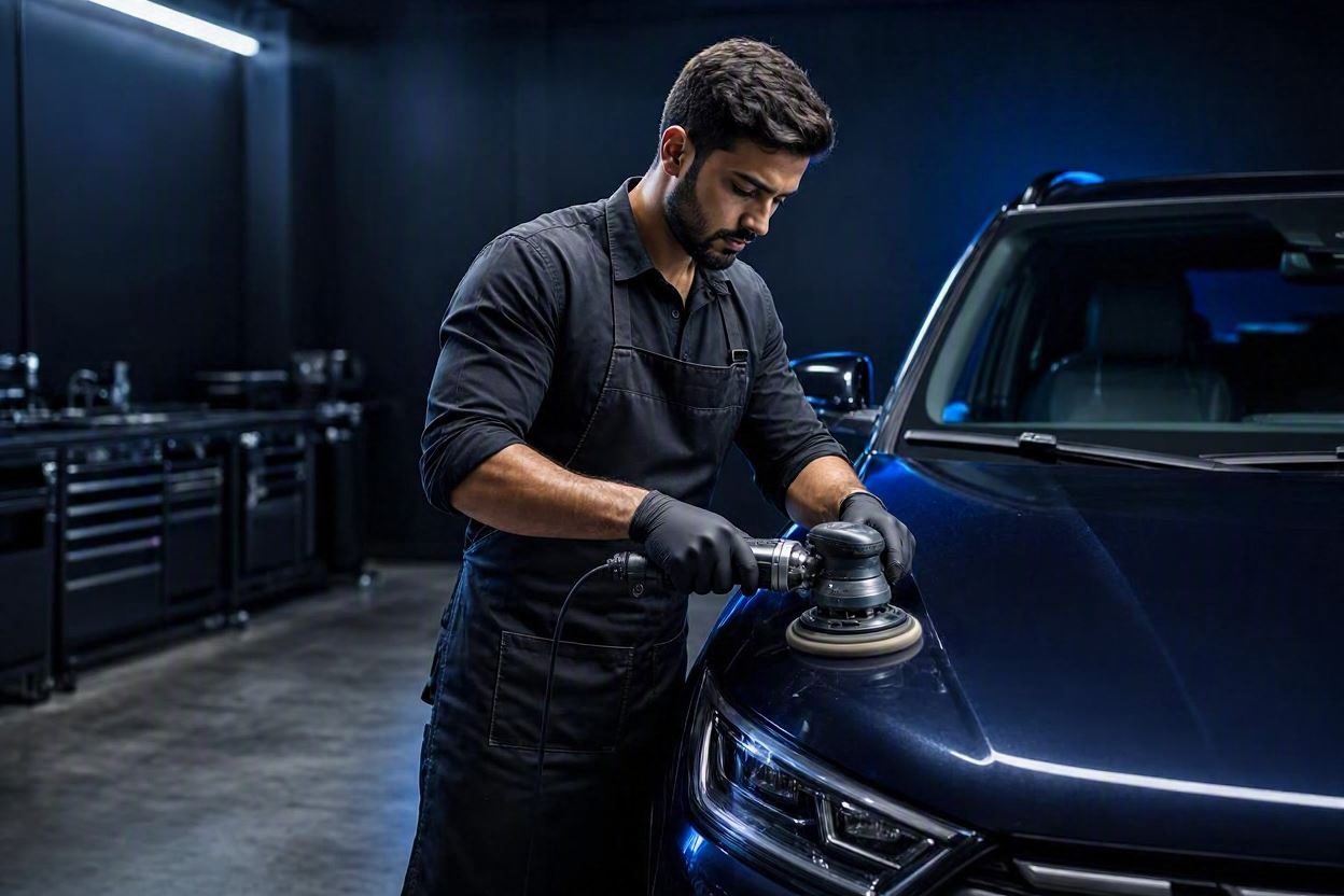 Detailer finishing the paint on a dark vehicle