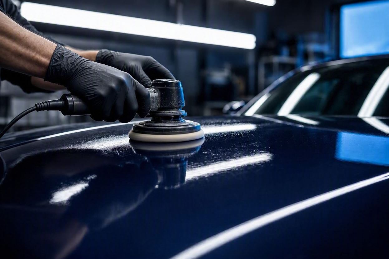 Gloved hands running a dual-action polisher across the hood of a dark navy car