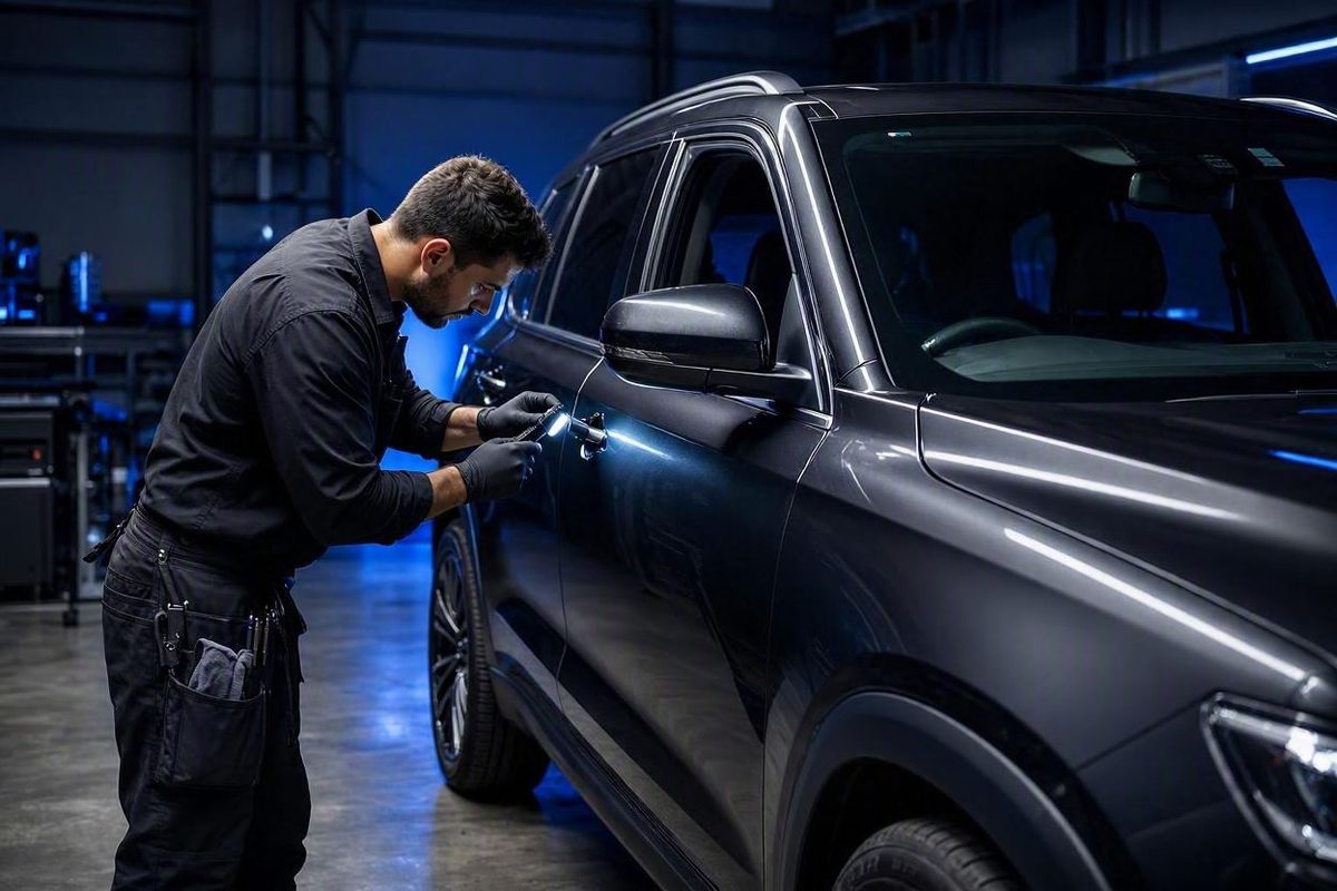 Paint inspection under a handheld light in a detailing bay