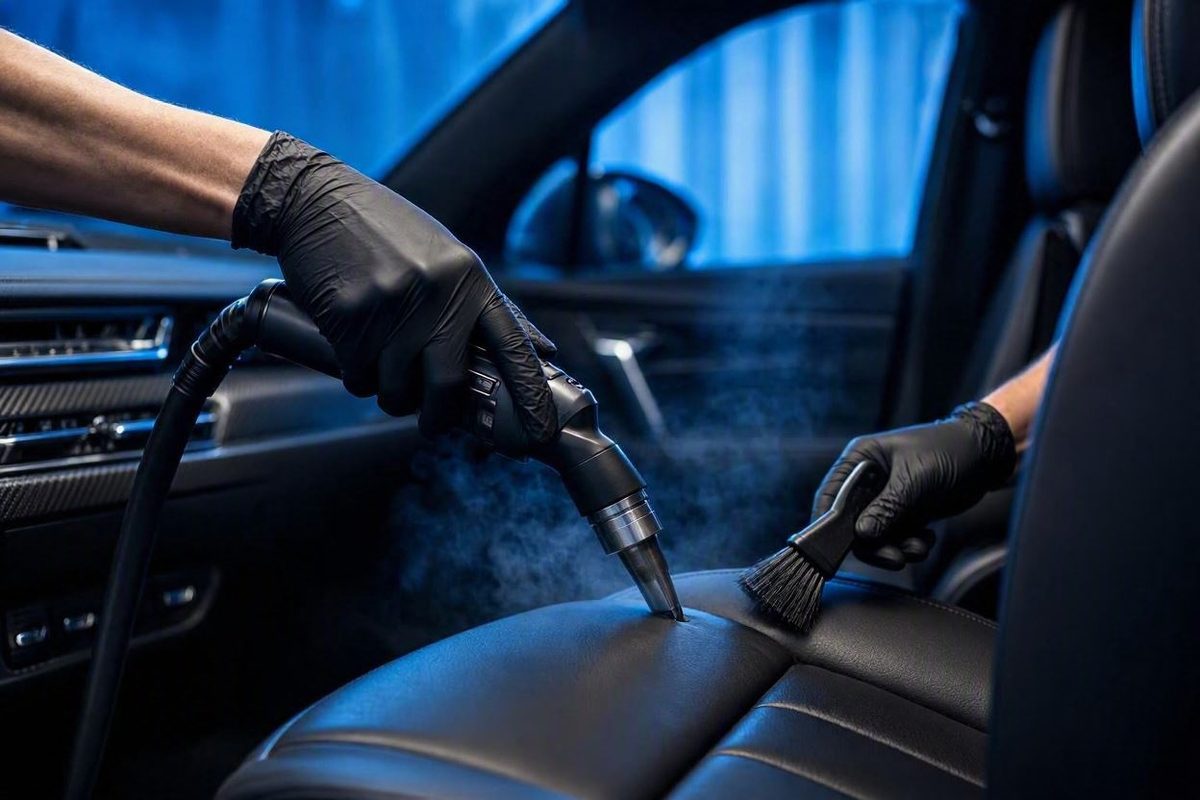Steam cleaner and detail brush on a black leather car seat