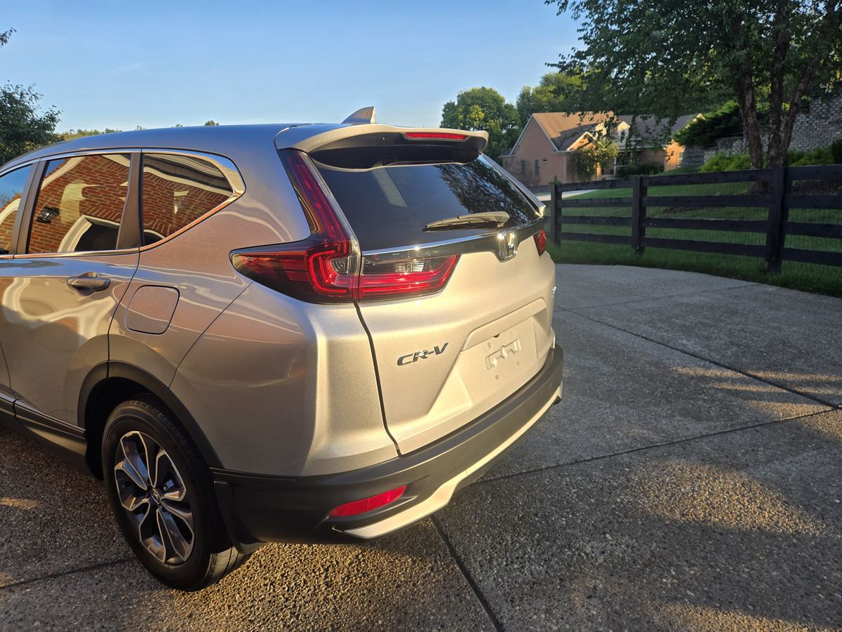 Rear three-quarter view of a finished silver Honda CR-V